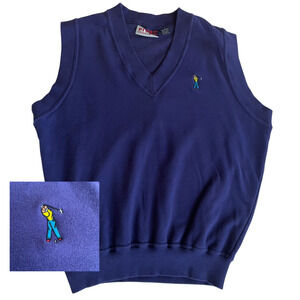 Vtg Golf Sweater Vest Navy Blue Embroidered Golfer Retro‎ Grandpa Cotton 90s L